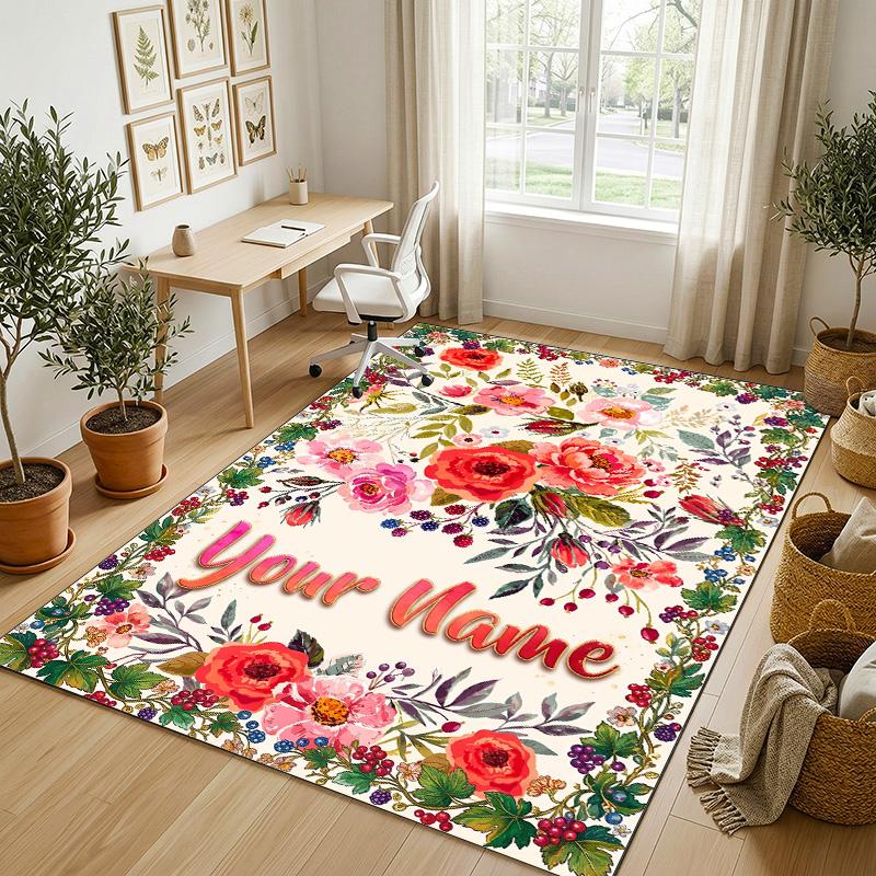 Floral Garden Theme Crystal Velvet Rug Personalized Custom Name Text Soft Floor Mat Home Decor