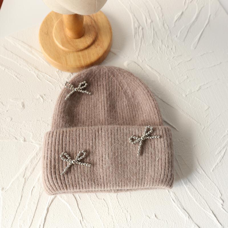 New Angora Rabbit Fur Bow Winter Hat For Women Knitted Fluffy Beanie Ladies Fashion Warm Plush Skull Womens Thick Fleece Hat Y2K