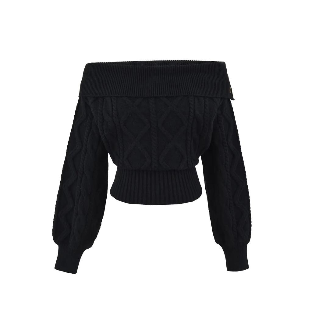 Women's French Off-Shoulder Cable Knit Pullover - Slimming Waist, Long-Sleeve Casual Sweater for Autumn/Winter