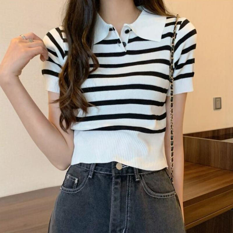 Shop Women Stripe Collar Short Sleeve Knit Won Wkn Wfab552