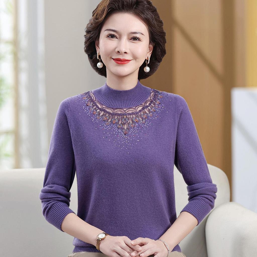 2025 New Style Mid-Neck Pure Wool Sweater with Embroidery for Middle-Aged & Elderly Women – Perfect for Autumn & Winter