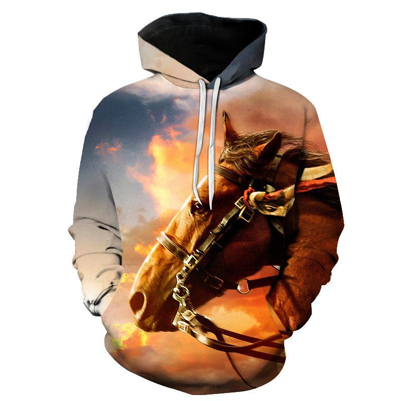 Hayvan At 3D Baskılı Kapüşonlu Sweatshirt Erkek Kadın Moda Sokak Giyimi Oversize Kapüşonlular Kazaklar Kapüşonlu Sweatshirtler Erkek Üstler Erkek Giyim