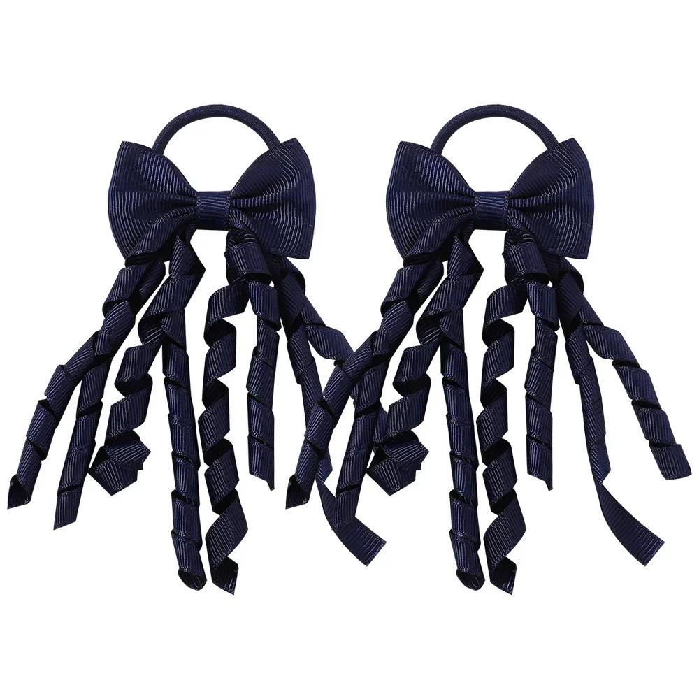 RAINBOW BOWS Grosgrain Ribbon Long Hair Ties Bows for Baby Girls Curly Hair Bows Elastic Colorful Kids Hair Band 2Pcs/lot Whole