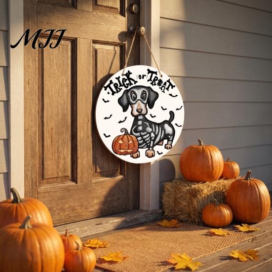 Halloween Party Supplies Dachshund Hanging Sign, Spooky Skeleton Dog Trick or Treat Wooden Lover Gift with Pumpkin Bat Pattern, Holiday Welcome