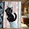 1pc Cute Black Kitten Shower Curtain-Big Bathroom Window With Pink, Blue Floral Pattern, Machine Washable Shower Curtain