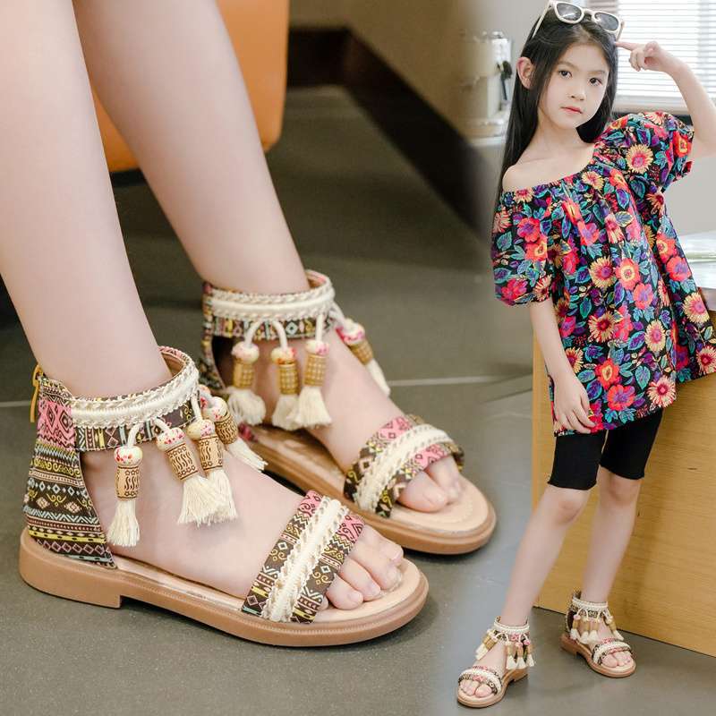 Girls Sandals 2025 New Summer Korean Version of Soft-soled Princess Shoes Ethnic Style Older Children Children Roman Shoes