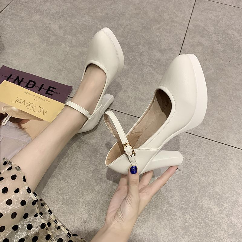 Туфли на блочном каблуке Белые свадебные туфли Женские туфли-лодочки Туфли на высоком каблуке на платформе с ремешком на щиколотке Женская обувь для офисных вечеринок и танцев 39 2589₽