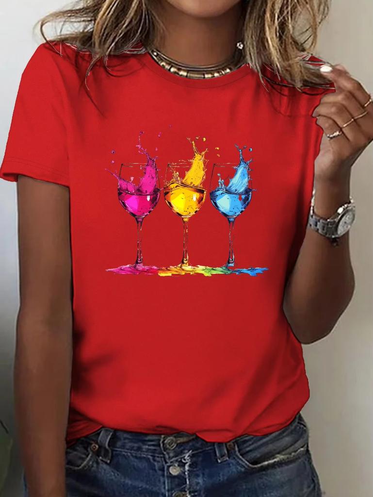 Wein Gläser Druck Rundhals T-Shirt Lässiges Kurzarm Oberteil für Frühling Sommer Damenbekleidung Ästhetische Kleidung
