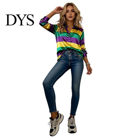 Comfortable Mardi Gras Tee Women Shirt Lapel Long Sleeve Striped Print Tops Buttons Vibrant Festival Placket Loose Fit Carnival Outfit Party