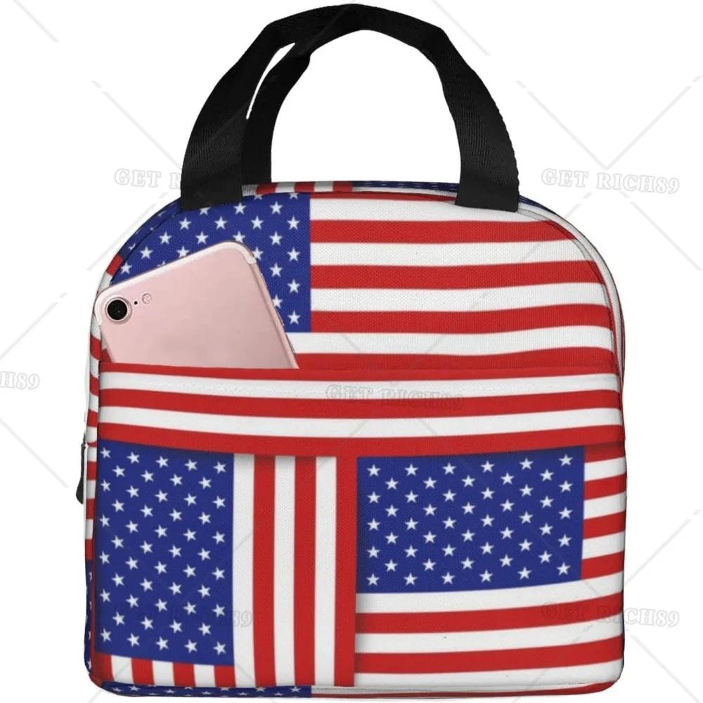 American Usa Flag Lunch Tote Bag for Women Men Reusable Insulated Cooler Lunch Box Container with Pocket for Work Office Trip
