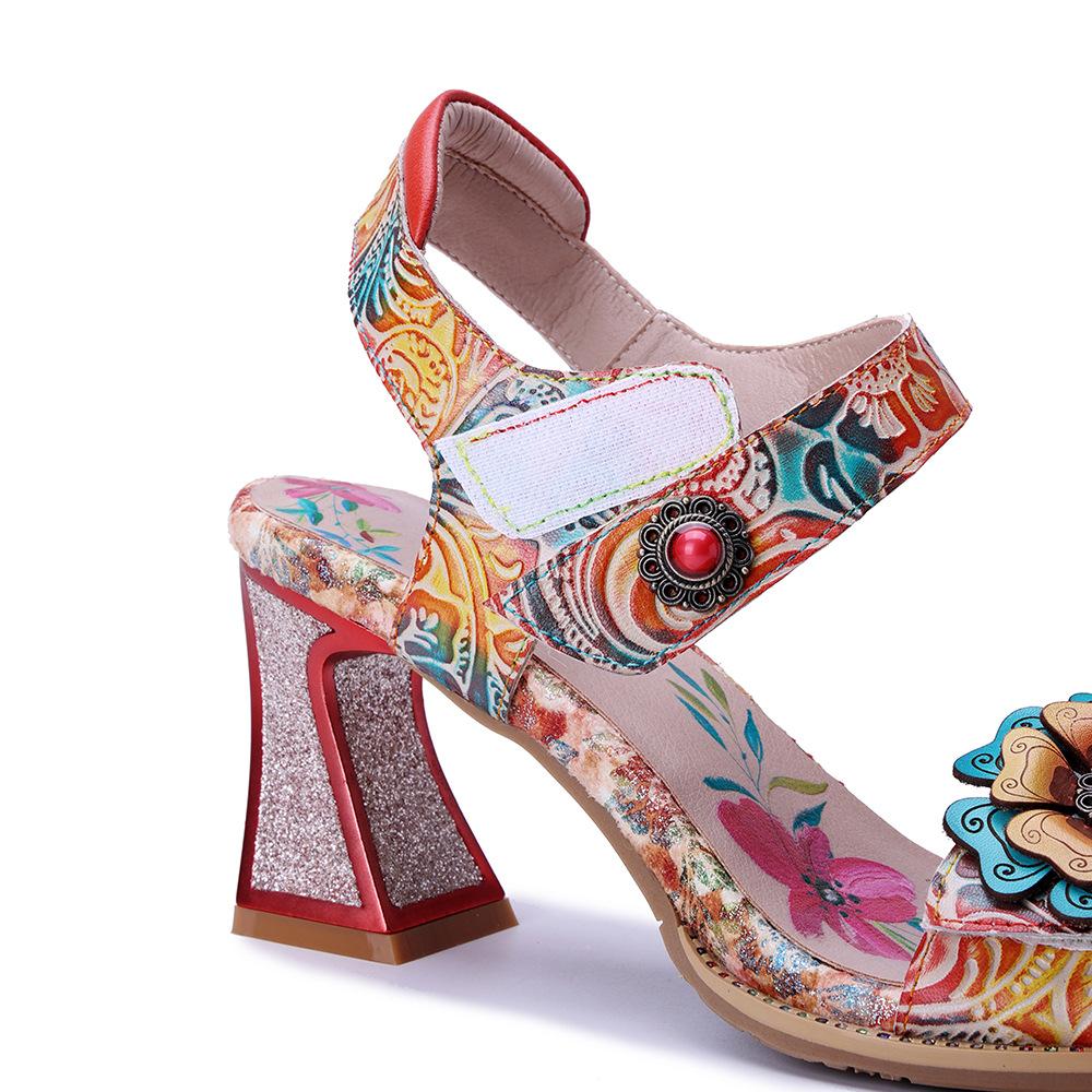 Johnature Echtes Leder Handgefertigt Barockstil Retro Blume Bequem Quadratischer Absatz High Heels Sandalen