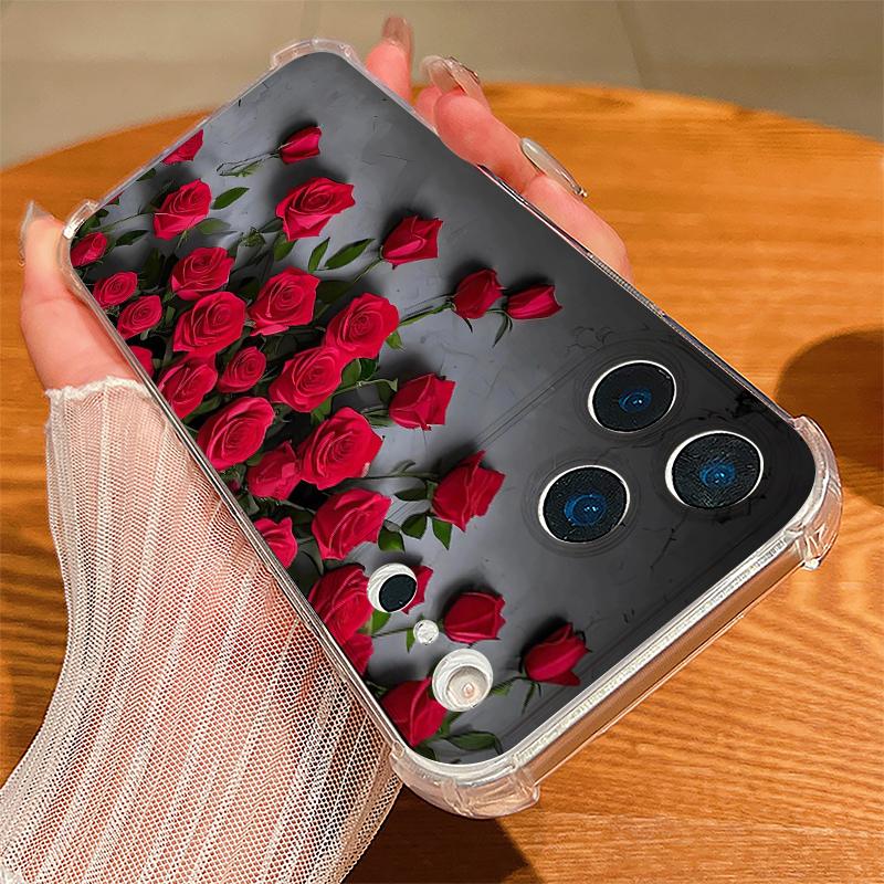 Scarlet Red Rose Flower Pattern Case For iPhone 17 Pro Max Coque iPhone 16 15 14 13 Pro Max 11 Shockproof Clear Soft Silicone Cover