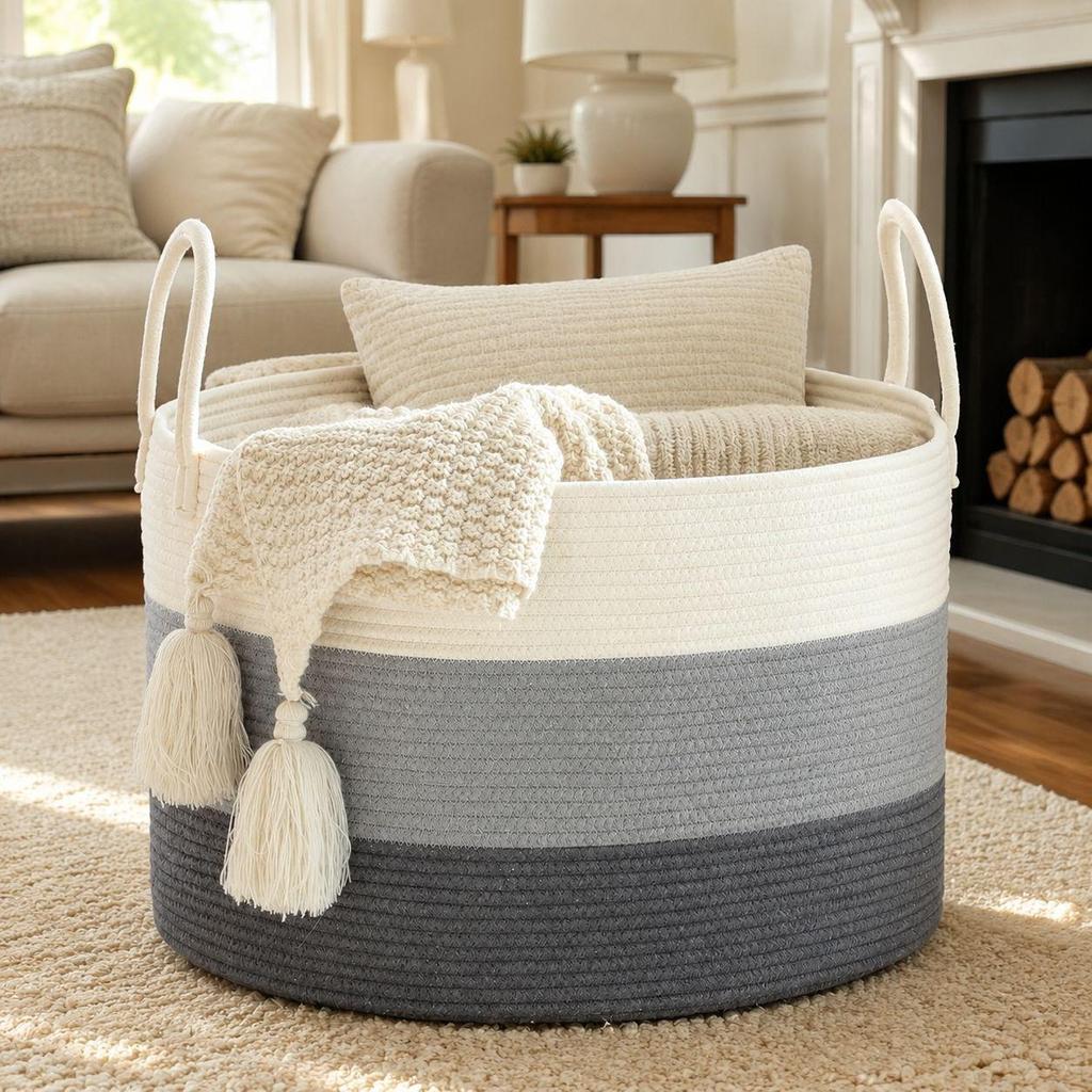 Cotton Rope Woven Laundry Hamper & Storage Basket, Large Capacity, Foldable for Clothes, Toys, and Sundries.