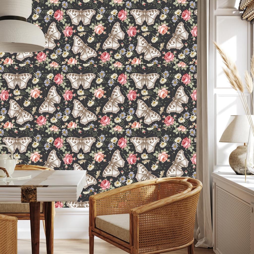 Wallpaper Butterflies Roses Flowers and Leaves for Living Room and Bedroom 50x1000