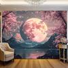 2D Flat Surface 1 Piece with Cherry Blossom and Moonlight Landscape Background Fabric Suitable for Bedroom