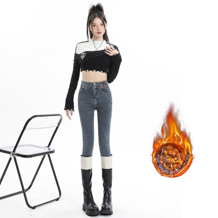 Velvet Jeans for Women In Autumn and Winter Slim Feet for Women In Winter Thickened Tight Small Feet Elastic Pencil Pants