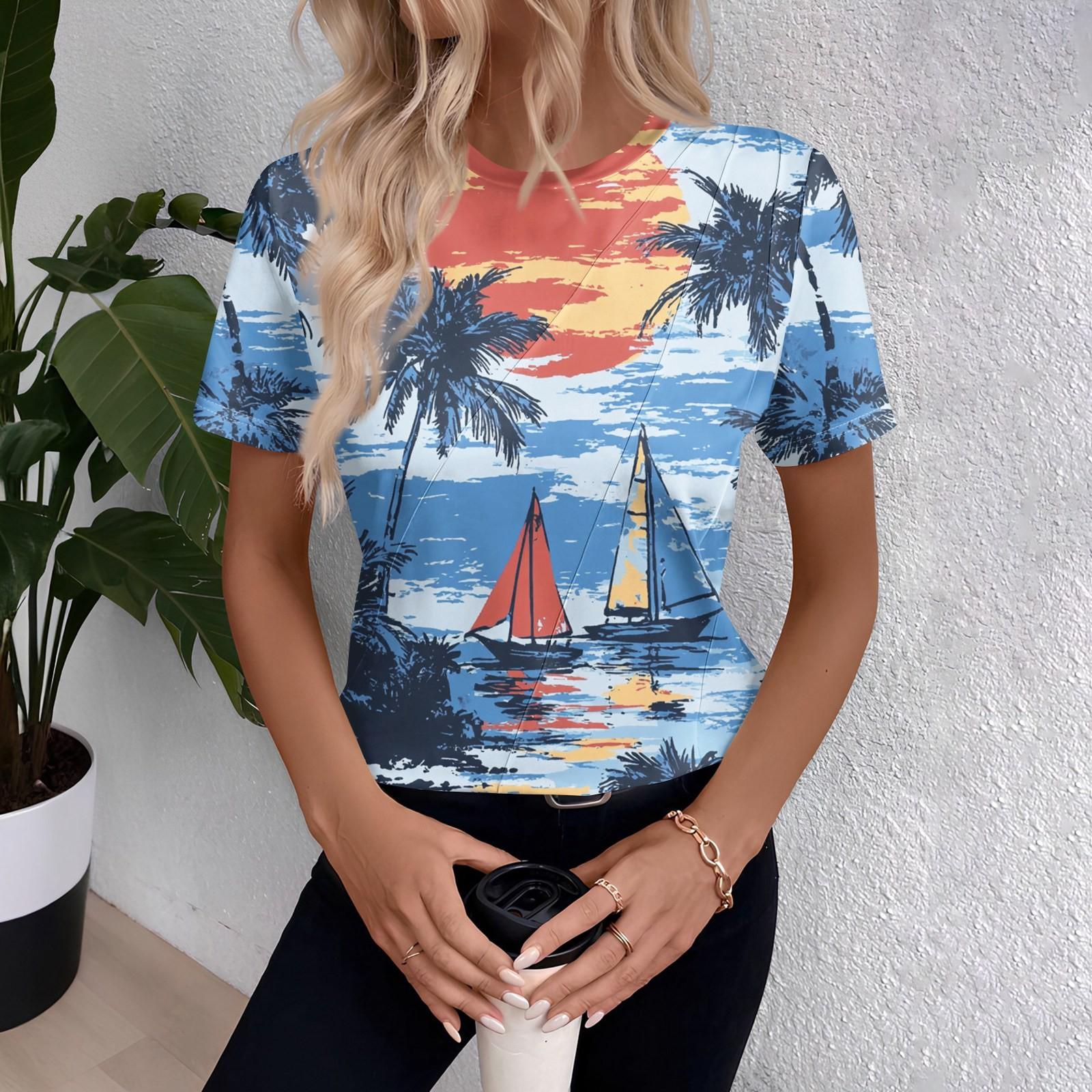 Women s Short Sleeve Tops Pleated Neck Loose Fit T-Shirt L синий