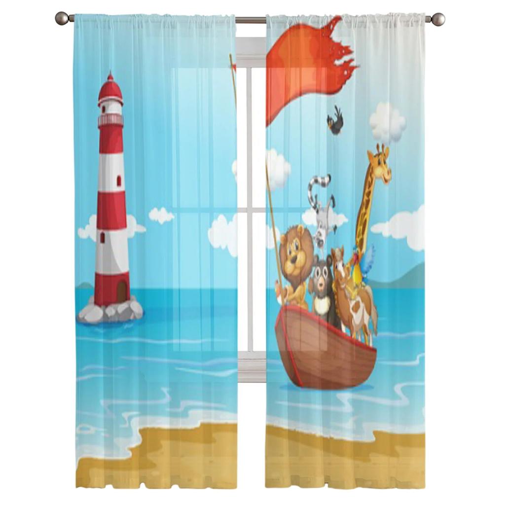 Transparente Vorhänge mit Tieren auf einem Boot für Wohnzimmer, Kinderzimmer, Tüllvorhänge, Küchenfenster, Behandlungsvorhänge