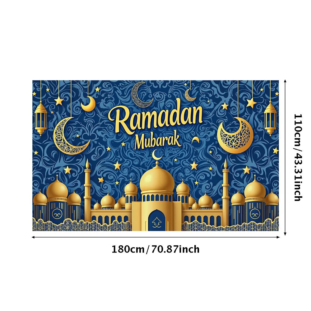 Баннер  Полумесяц  Синий Фон Рамадан Мубарак Баннер Вечеринка по случаю Рамадана Полиэстер Исламское Украшение Для Праздника