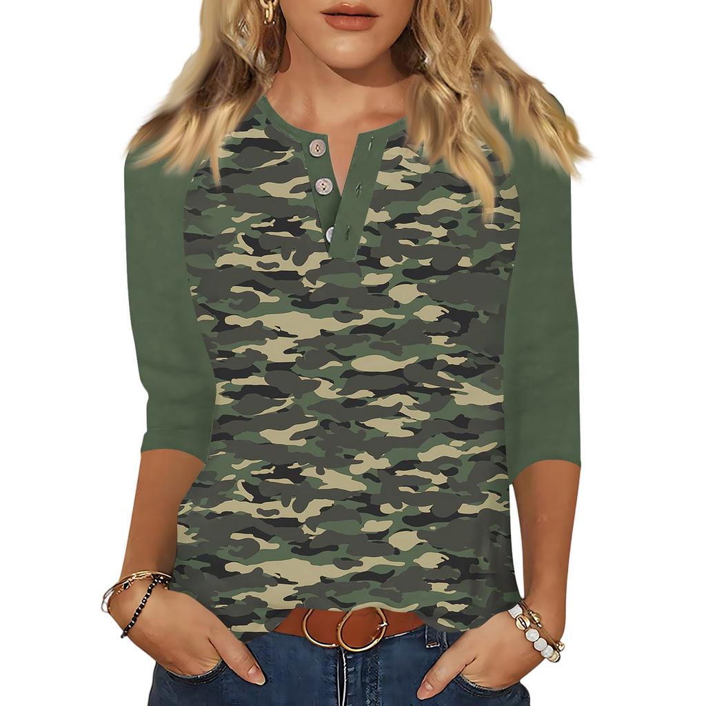 Tricou de damă cu buton imprimat mânecă 3/4 Zilnic la modă de weekend, de bază, cu decolteu în V, obișnuit