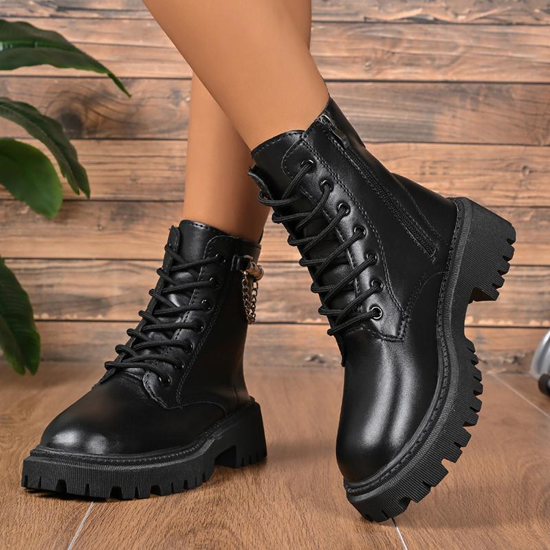 Fashion Black PU Leather Ankle Boots for Women Fashion Chain Decor Motorcycle Platform Boots Woman Autumn Winter Zip Lace Up Botas Mujer
