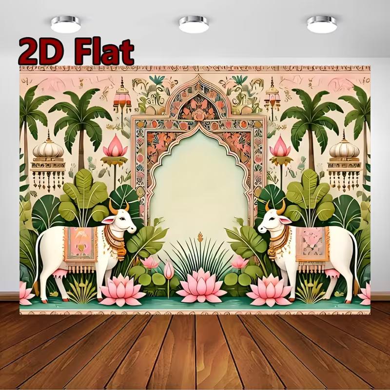 

2D Indian Pichwai Cow Photography Backdrop with Lotus & Palm Trees 47.2x31.5inch/120*80cm