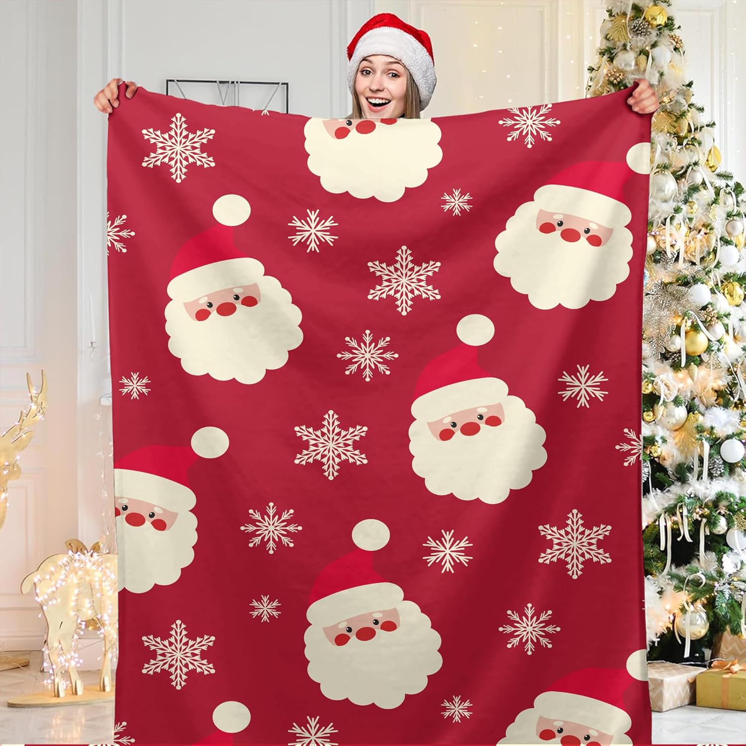 Christmas Throw Blanket, Santa Claus Merry Christmas Blanket for Couch Sofa Bed Soft Cozy Cute Funny Cartoon Red Flannel Blanket 75X95CM