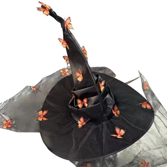 Witch Hat Mesh Yarn Cover Butterflies Design Women Cosplay Hat