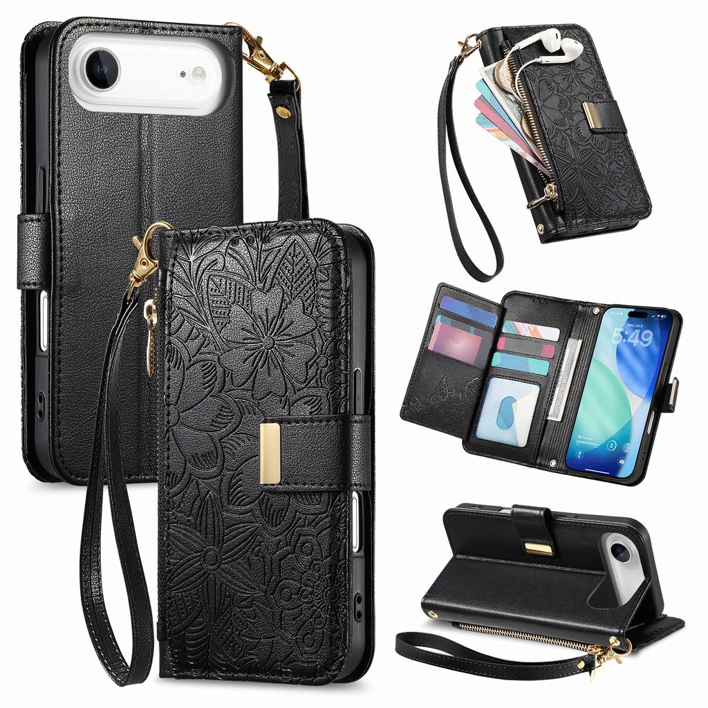 For iPhone Air Case Floral Leaf Pattern Multi Card Slots Zipper Leather Phone Cover with Wrist Strap