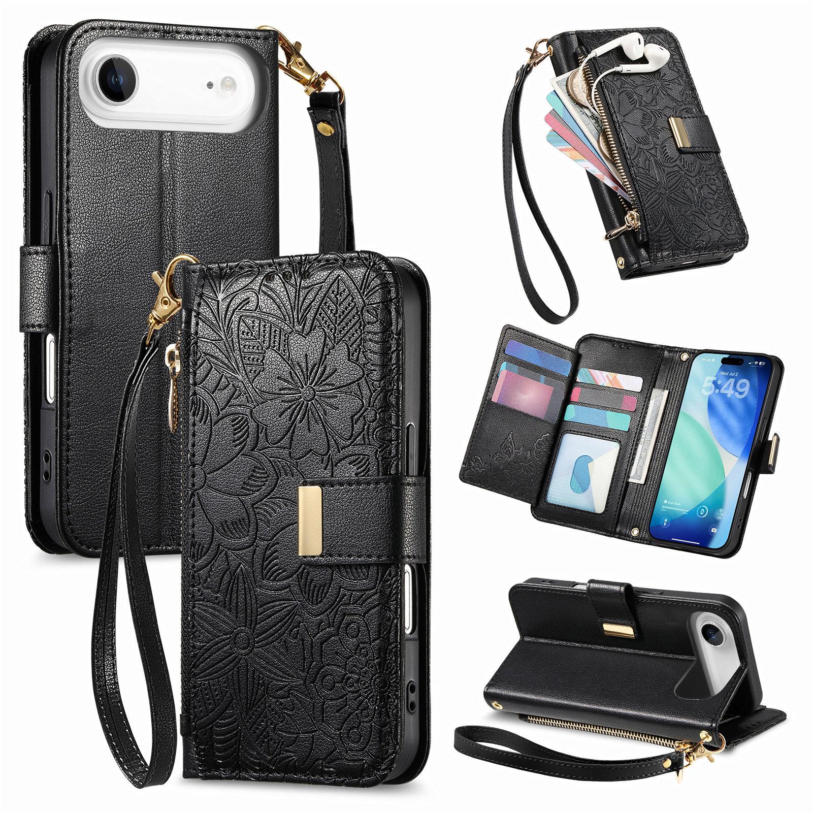 

For iPhone Air Case Floral Leaf Pattern Multi Card Slots Zipper Leather Phone Cover with Wrist Strap