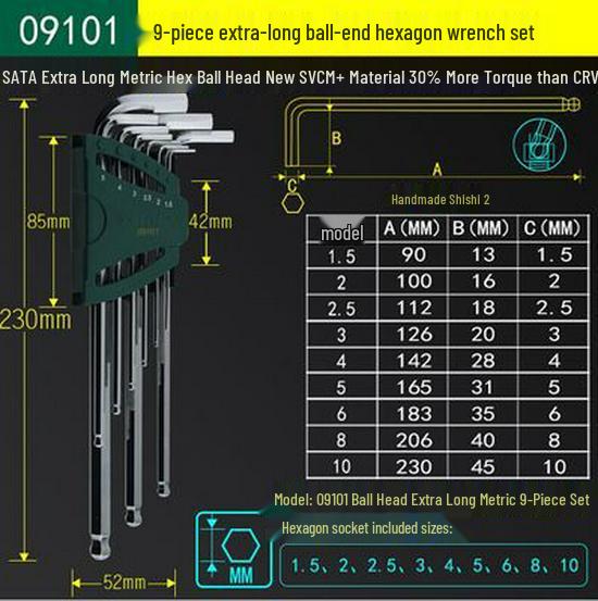 SATA 9-Piece Extra Long Metric Hex Key Set, Ball End, Stainless Steel, Flat Head