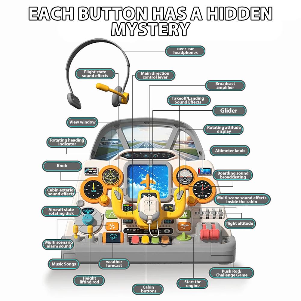 Interactive Airplane Cockpit Toy Realistic Control Panel Pretend Play With Light & Sound Educational Toy For Kids Boys Girls