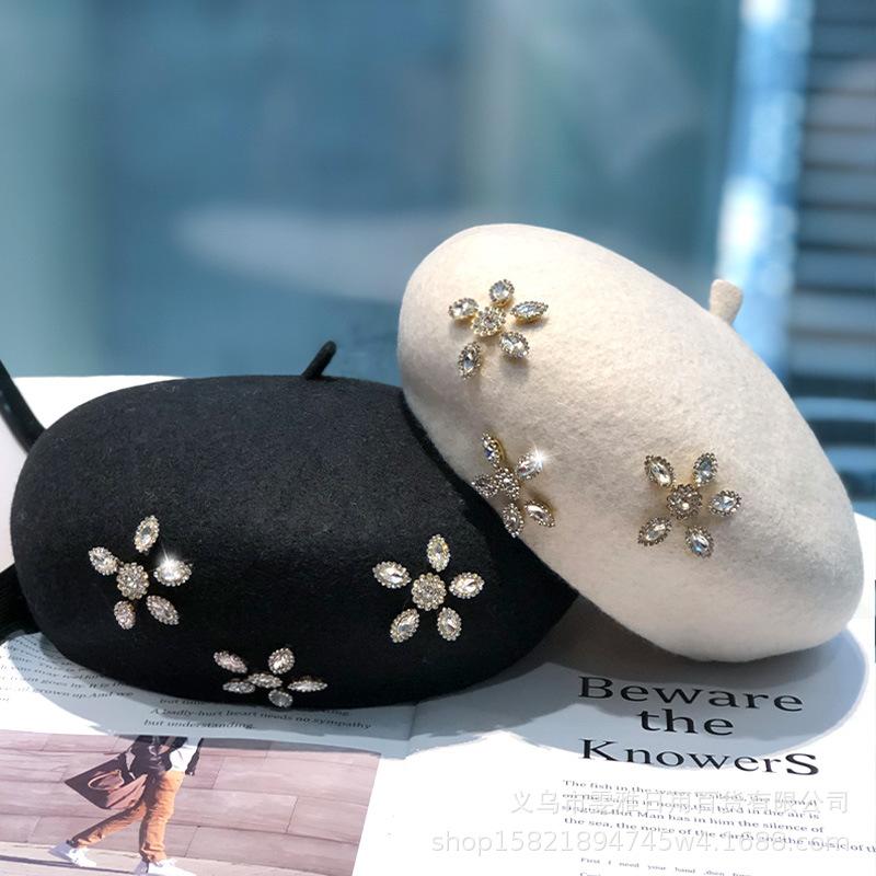 French Beret Woollen Thick Rhinestone Flower Bud Cap Fashion Autumn Octagon Artist Hat Women Painter Caps Headwear