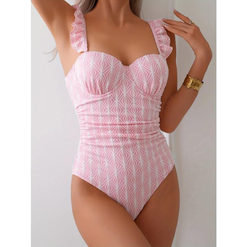 Vintage Ruffles Strap One Piece Swimsuit 2025 Women Pink Mesh Contrast Underwire Slim Tummy Control Swimwear Beach Bathing Suit