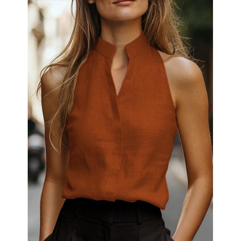 Womens Solid Color Stand Collar Sleeveless Halter Neck Blouse