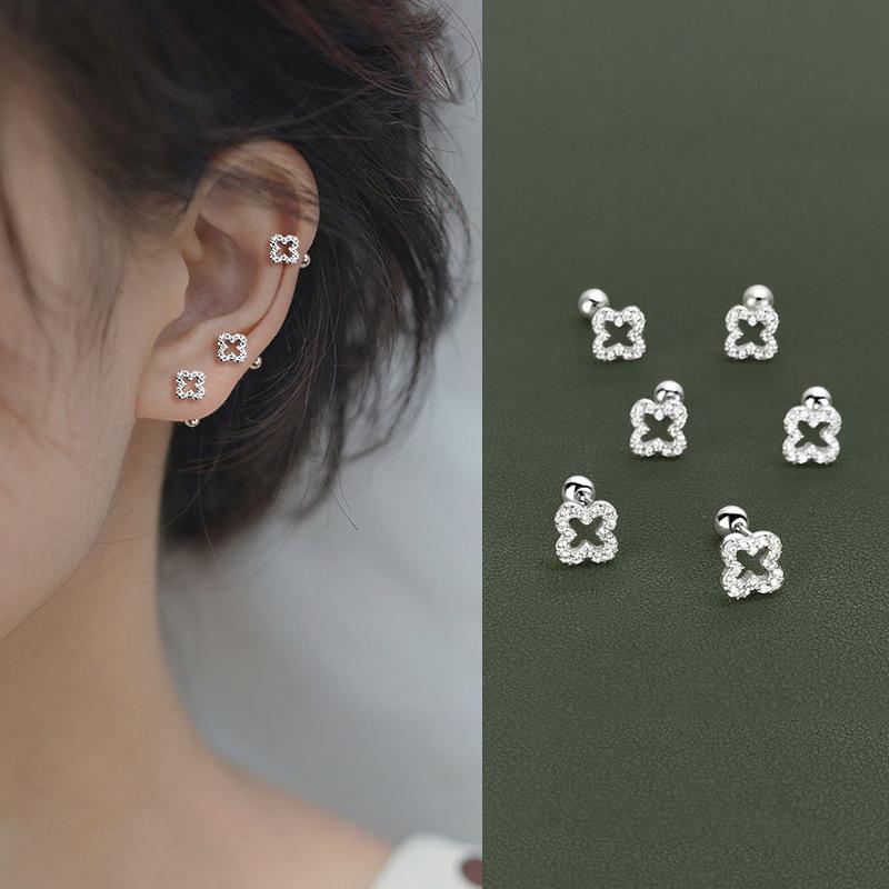 Silver Color Clover Zircon Stud Earrings for Women Sweet Exquisite Screw-Back Ear Piercing Jewelry Birthday Party Gifts