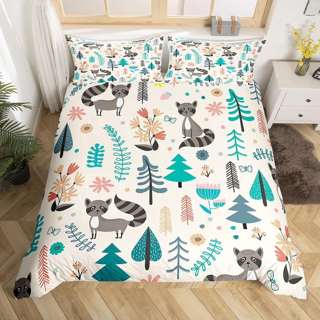Waschbär Bettwäsche-Set für Jungen Kinder Mädchen Niedlicher Cartoon Wildtiere Bettbezug Liebevolle Tiere Bettdeckenbezug Polyester Steppdeckenbezug