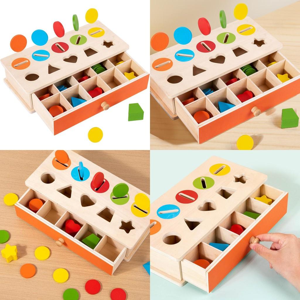 Hölzernes Montessori Lernspielzeug Farb-Form-Zuordnung Münzen Aufbewahrungsbox Für Kleinkinder