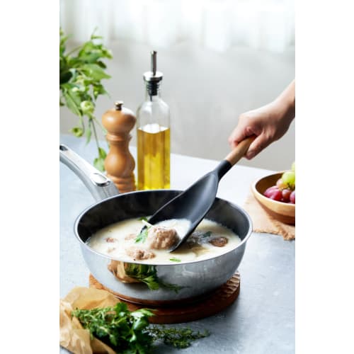 Kevnhaun Silicone Cooking Scoop with a Stylish Wooden Handle. Made of Natural Acacia Wood, It Has a Sturdy and Thick Handle with a Tip That Fits Secur
