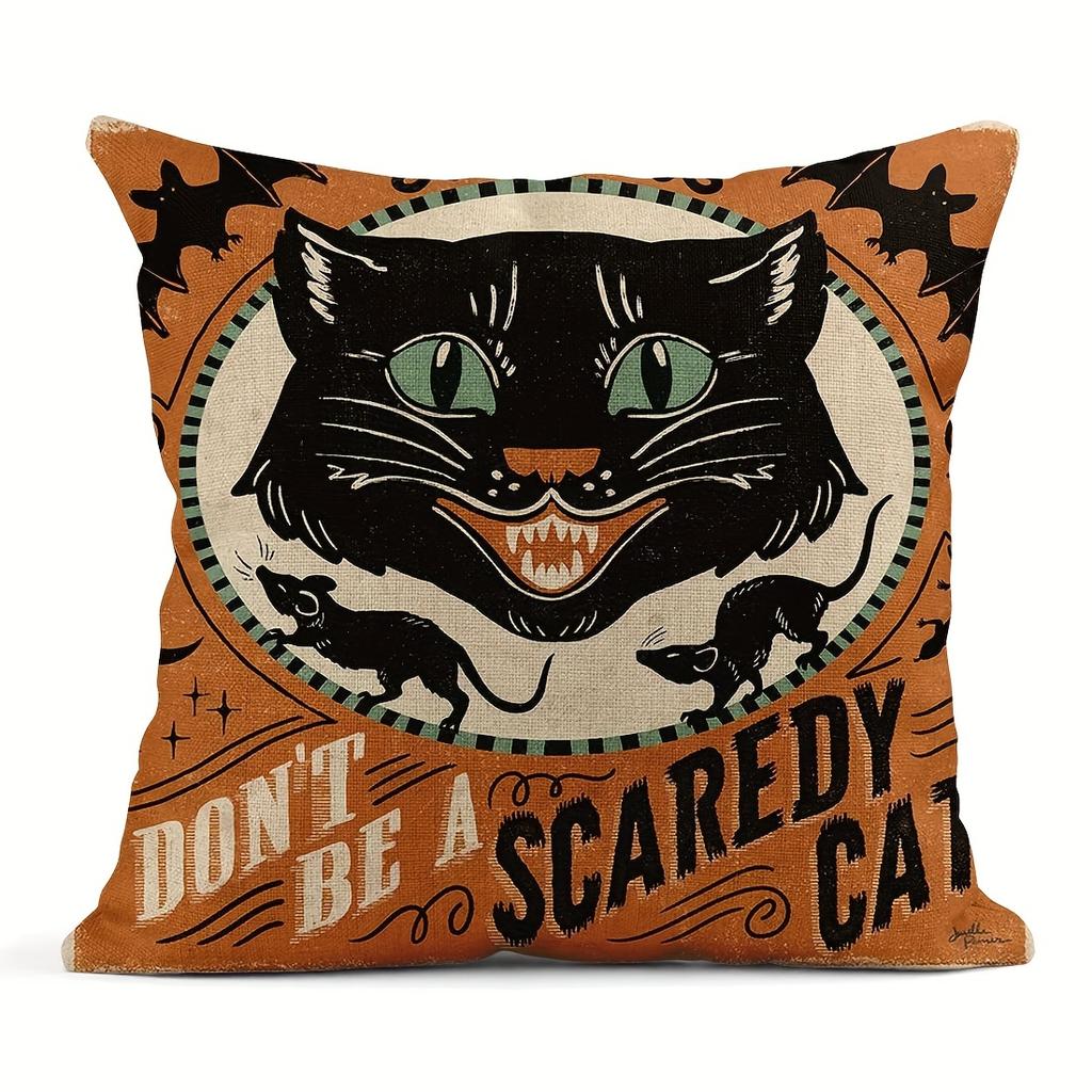 Linen Blend Throw Pillow Covers 45x45cm Vintage Halloween Scaredy Cats Pumpkins Home Decor Pillowcase Square Cushion Covers