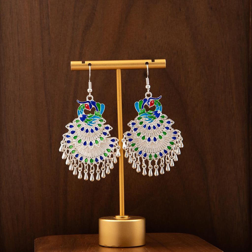 Cloisonné Pfau Ohrringe: Miao Silber Phönix Totem Glockendesign, Beliebt an landschaftlich reizvollen Orten