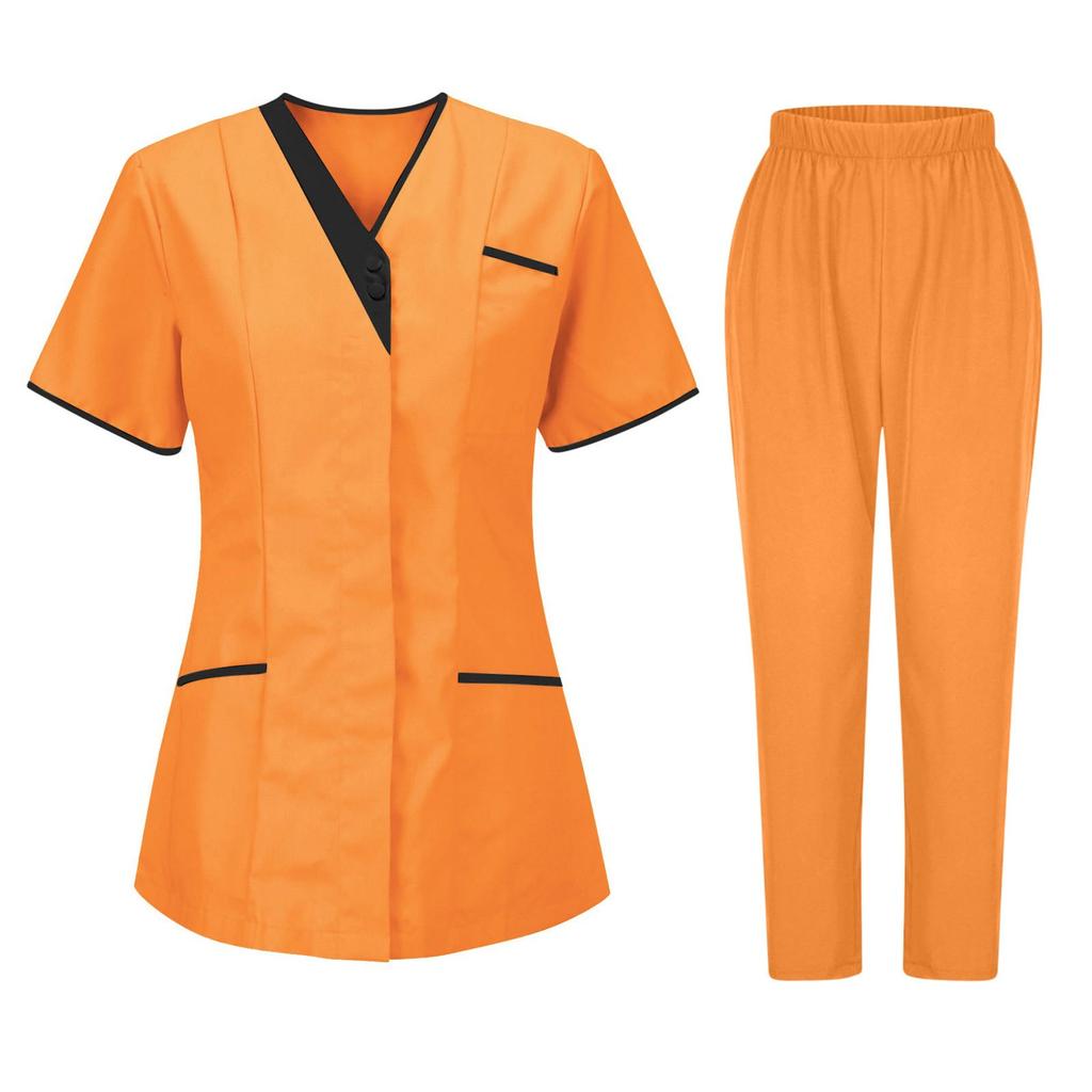 Women's Uniforms Quick Dry Fabrics V-Neck With Pockets Short Sleeves Long Pants Solid Color Workwear Suit