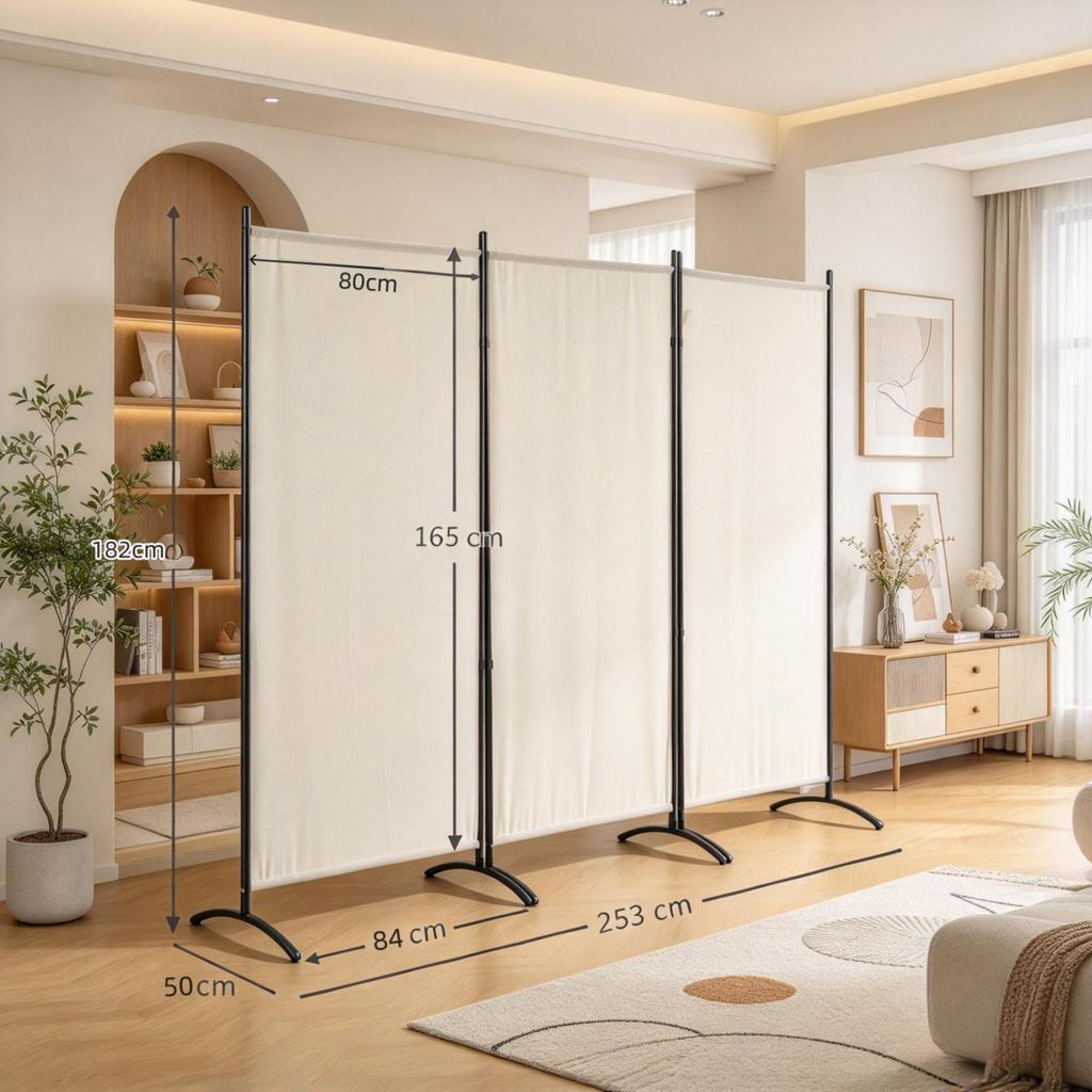 3-part Folding Screen, side privacy screen with stand, Metal & Polyester (only with 1pc room divider)