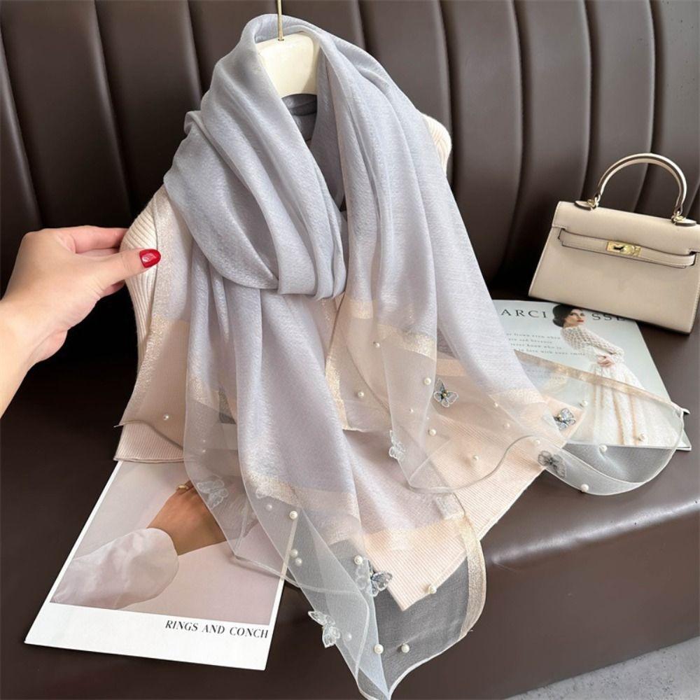 Large Butterfly Embroidery Scarf Pearl Women Hijab Shawls Fashion Silk Scarf  Female
