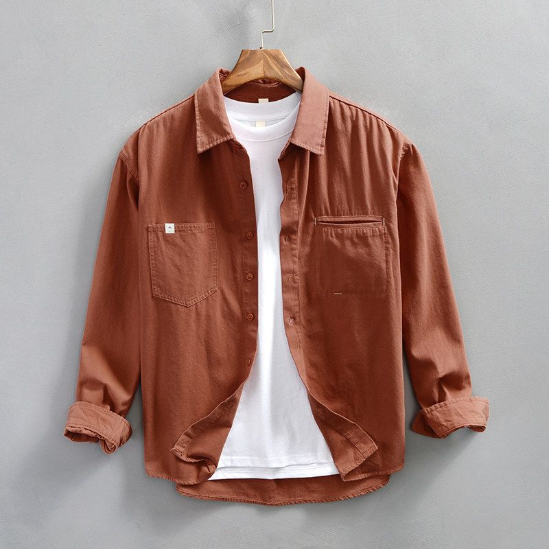 Spring & Fall Japanese-Style Retro Casual Shirt Men Hong Kong Style Trendy Brand Long Sleeve Shirt Coat Pure Cotton Loose Cargo Shirt
