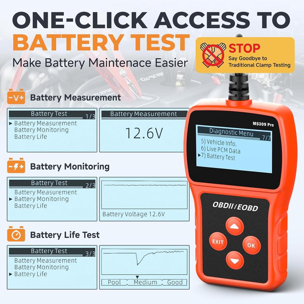 OBD2 Scanner with Battery Tester - Code Reader Engine Fault Scanner Diagnostic Scan Tool for OBD II Protocol Cars Since 1996, Real-Time Data