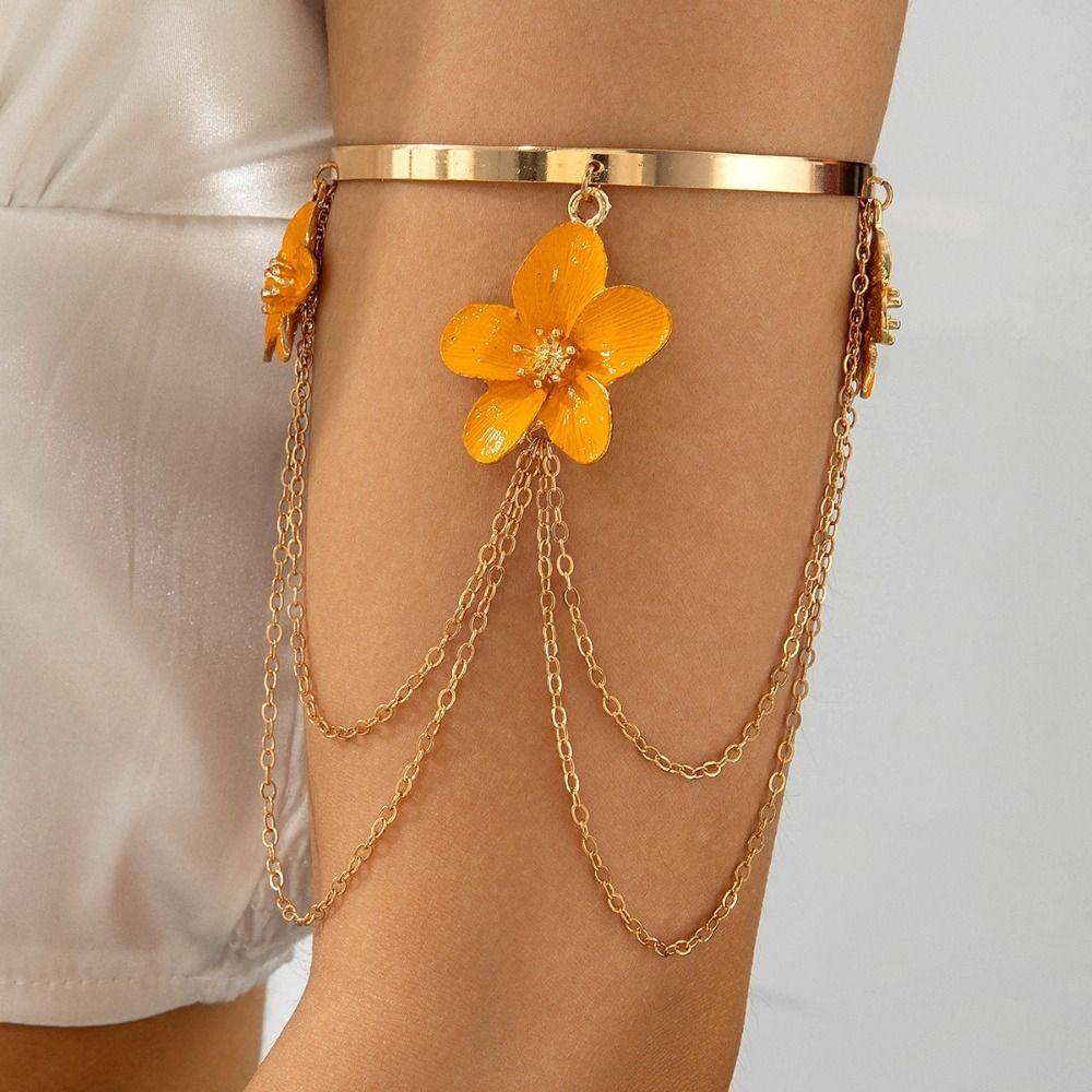 Resort Wind Open Arm Bracelet Punk Style Metal Hanging Chain Tassel Arm Ring Vacation Style