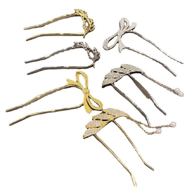 Elegant Women Bowknot U Shape Rhinestone Hairpins Metal Hair Sticks Hairclip Bridal Wedding Banquet Hair Accessories Headwear