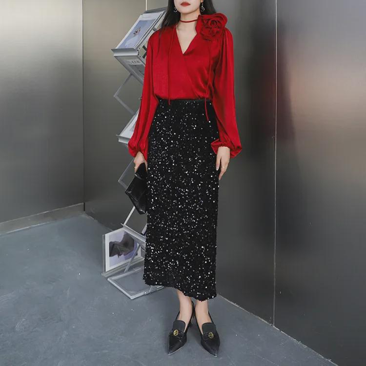 Maillard Damska Spódnica z Cekinowego Aksamitu - Lekki Luksus, Mocno Ozdobiona, Rozcięcie z Tyłu, Długość Midi, Prosty Krój