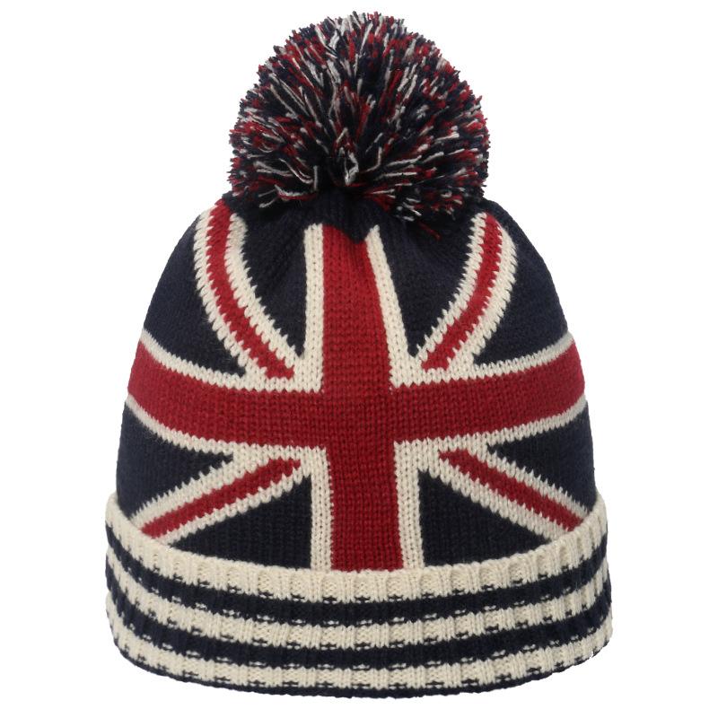 British flag star striped knitted wool hat hairball warm knitted hat for men and women